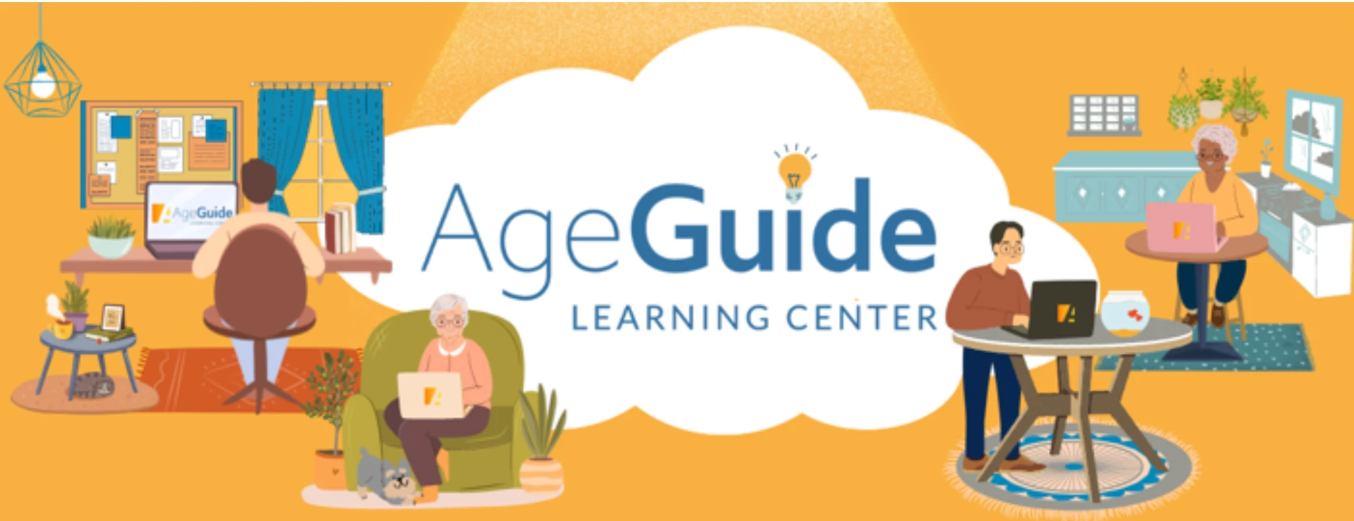AgeGuide Learning Center banner showing older adults and caregivers learning on laptops at home