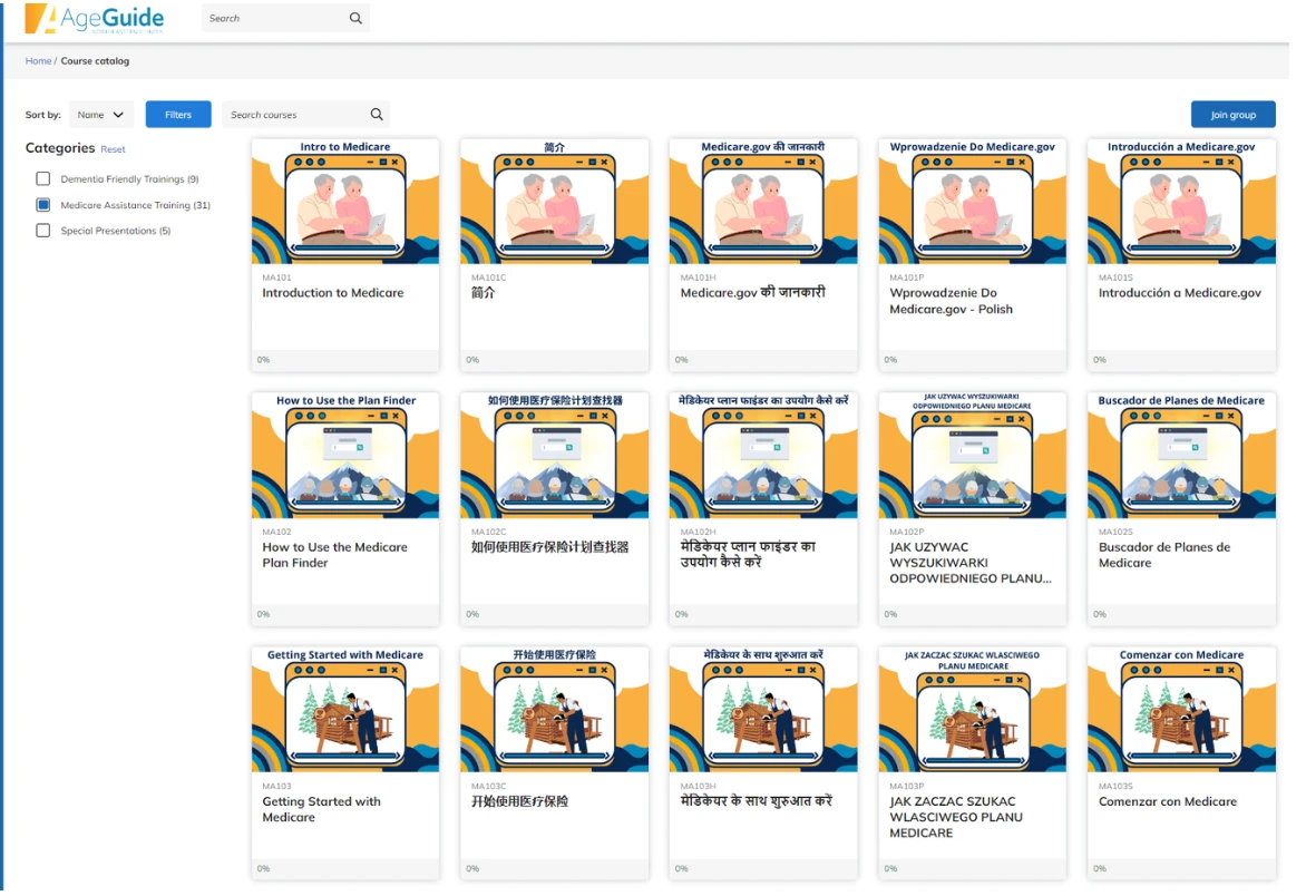 AgeGuide Learning Center course catalog filtered to Medicare Assistance Training, showing the same courses in English, Chinese, Hindi, Polish and Spanish