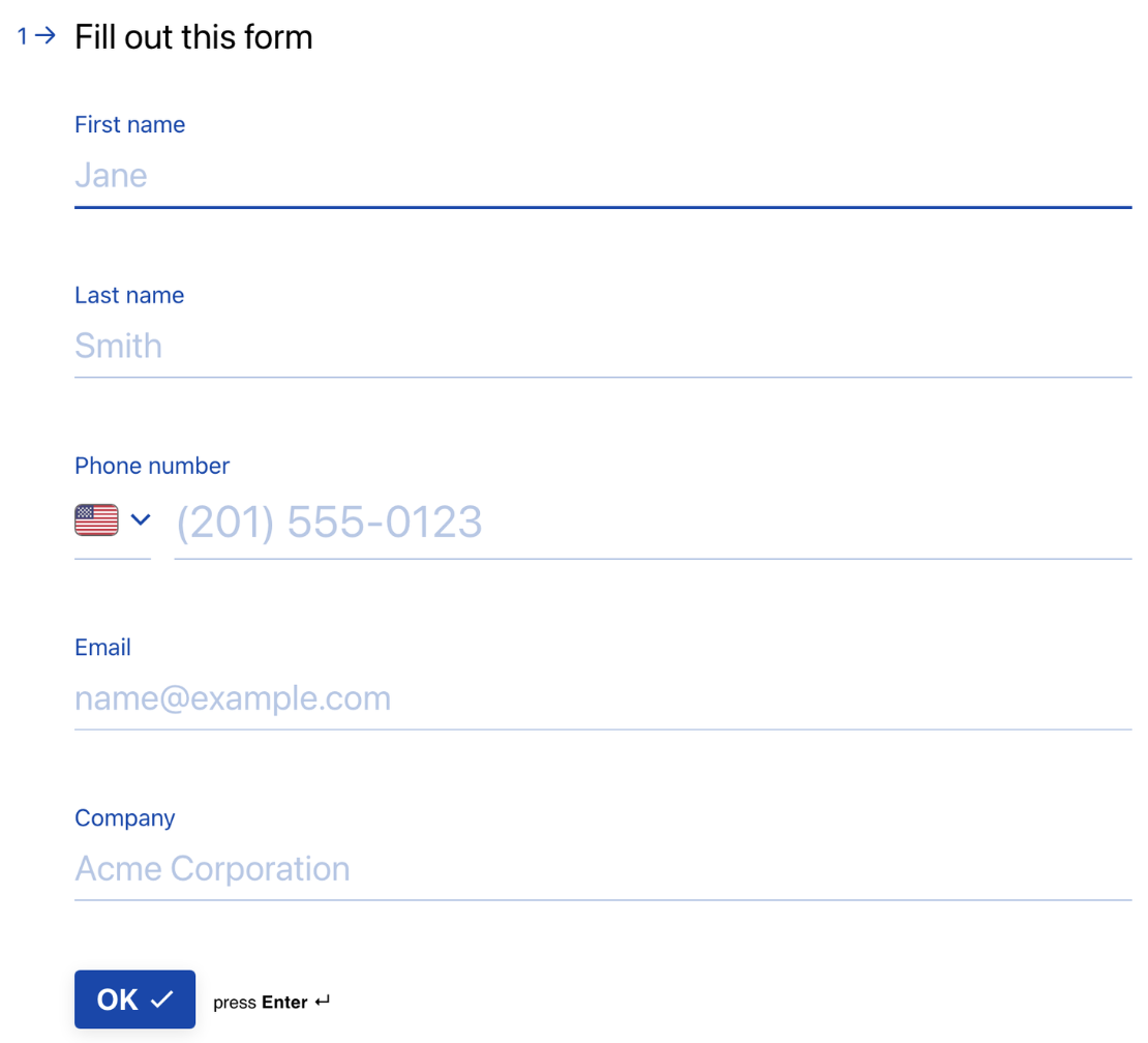 Typeform sign-up form asking for first name, last name, phone number, email and company